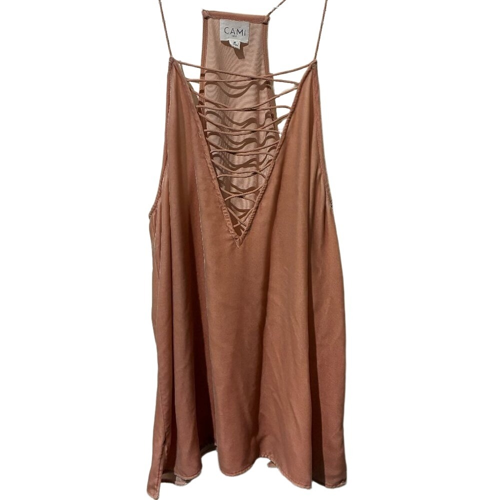 CAMI NYC Rose Gold Silk Blend Lace Up V-Neck Racerback Tank Top Medium